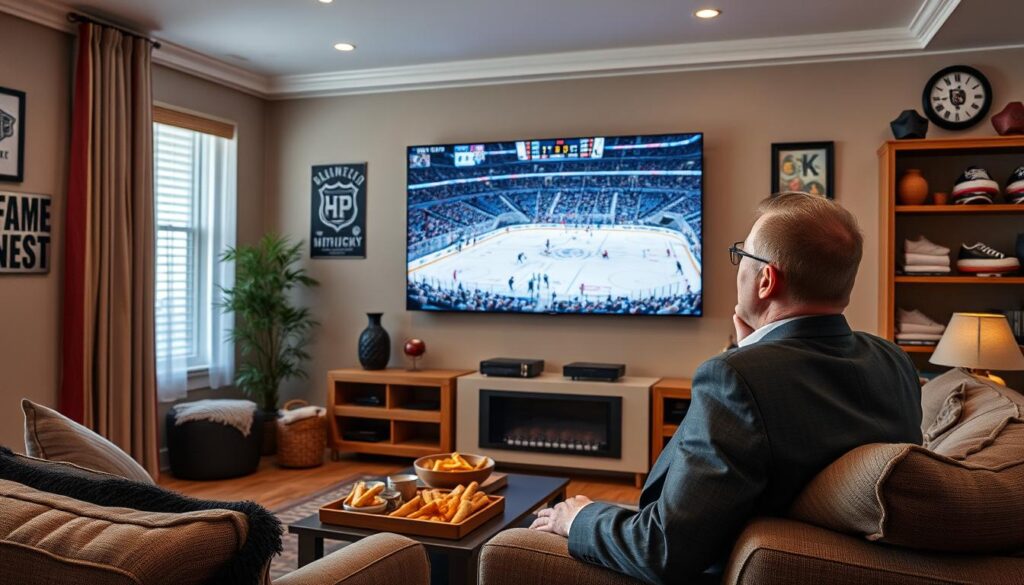Generate an image of a sports fan watching a hockey game on IPTV with a 4K resolution screen. Generate an image of a sports fan watching a hockey game on IPTV with a 4K resolution screen.