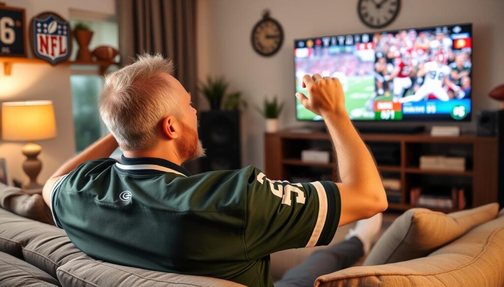 Generate an image of a sports fan watching a live NFL game on IPTV