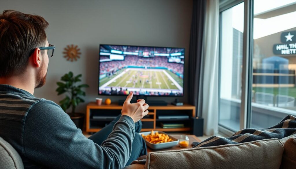 Generate an image of a sports fan watching a live NFL game on their TV with 4K quality.