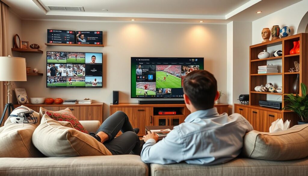 Generate an image of a sports fan watching multiple sports channels on IPTV