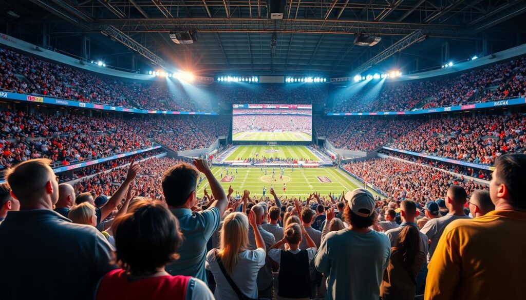 Generate an image of a sports stadium with a TV screen displaying a live sports event in the foreground.