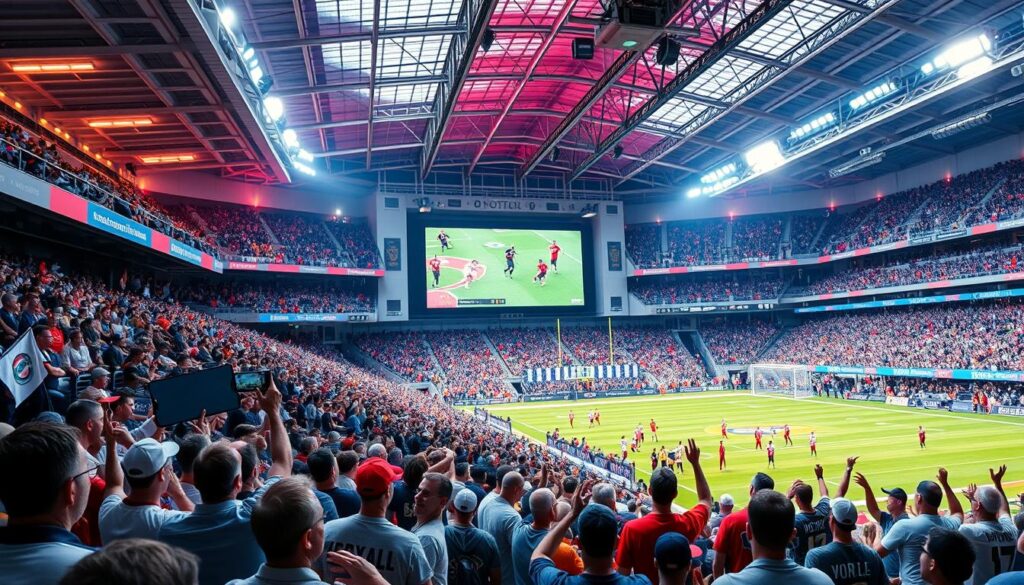 Generate an image of a sports stadium with a TV screen showing a live sports broadcast