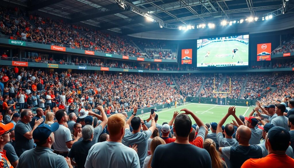 Generate an image of a sports stadium with a TV screen showing a live sports event