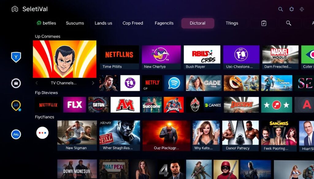 Generate an image of a user-friendly interface with a variety of TV channels and on-demand content.