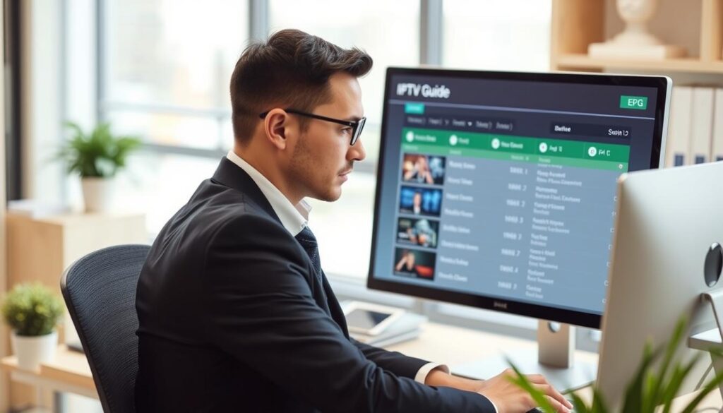 Generate an image of a user managing their IPTV channels using an EPG source on a computer screen.