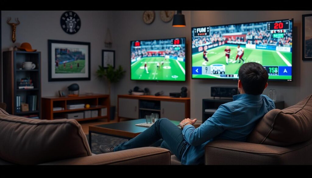Generate an image of a user watching multiple sports games simultaneously on their TV using Fubo TV's multi-view feature.
