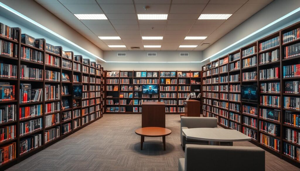 Generate an image of a vast content library with various TV shows and movies Generate an image of a vast content library with various TV shows and movies