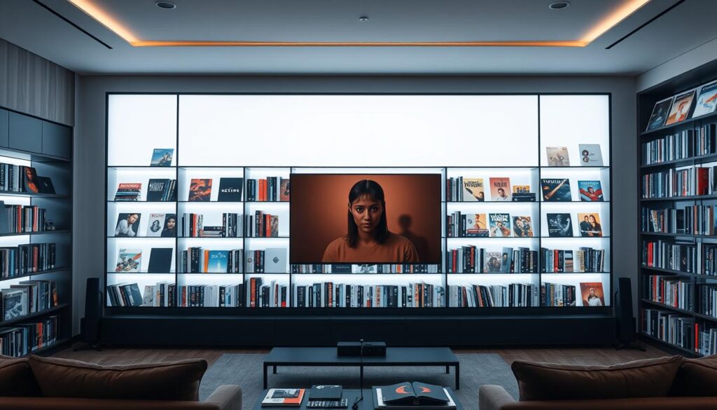 Generate an image of a vast entertainment library on a screen.