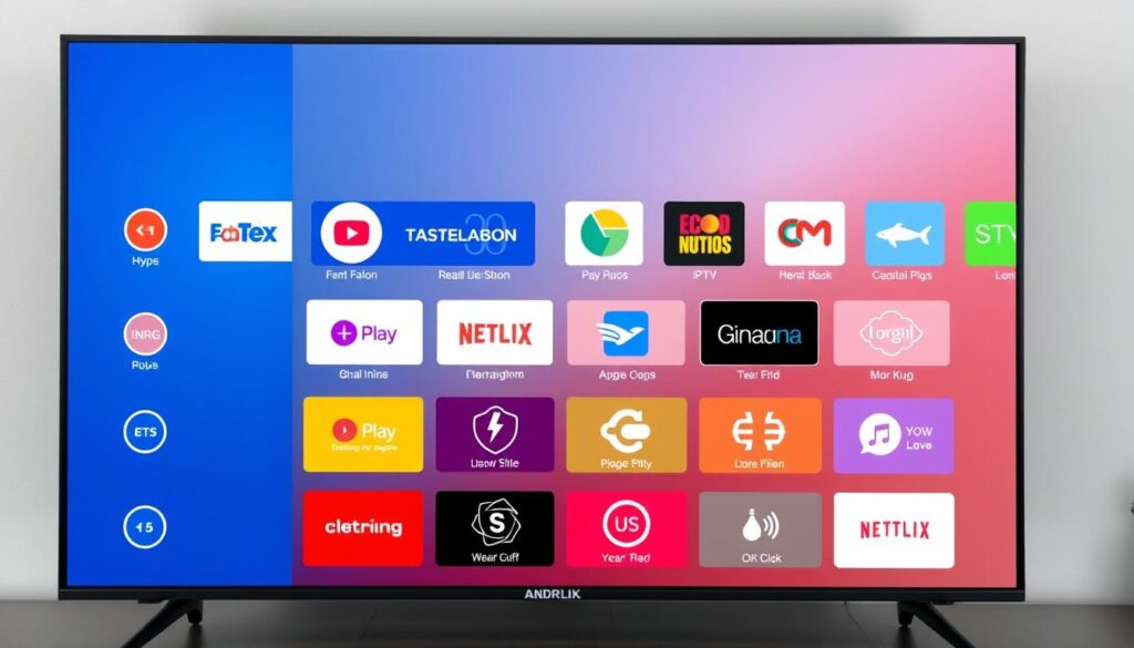 Generate an image of an Android TV interface showing various IPTV player apps. Generate an image of an Android TV interface showing various IPTV player apps.