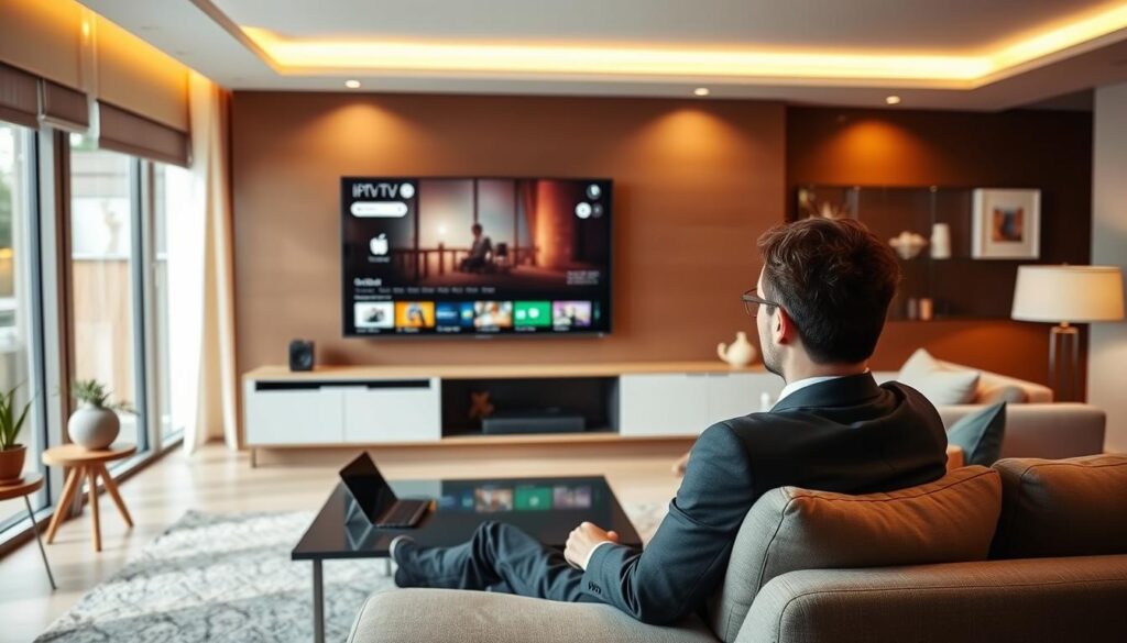 Generate an image of an Apple TV screen displaying an IPTV player app. Generate an image of an Apple TV screen displaying an IPTV player app.