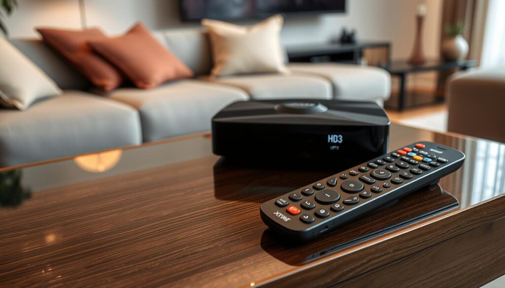 Generate an image of an Xtreme HD IPTV box and remote control. Generate an image of an Xtreme HD IPTV box and remote control.