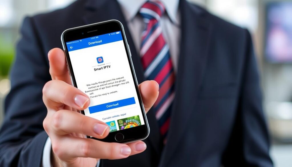 Generate an image of the GSE Smart IPTV app download page on a mobile device.