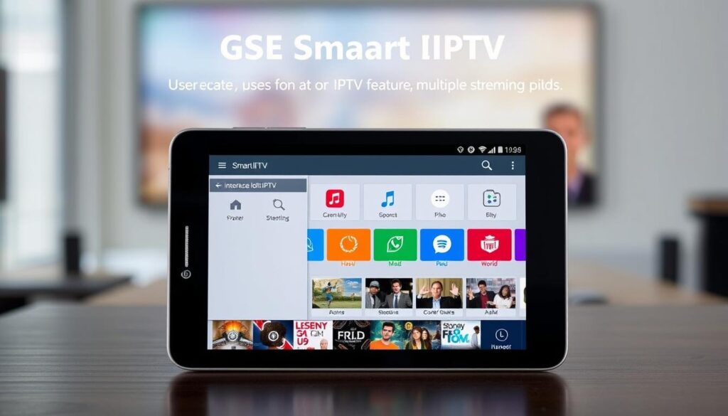 Generate an image of the GSE Smart IPTV app interface on an Android device, showcasing its user-friendly features and multiple streaming options.