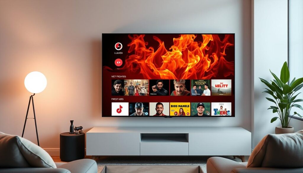 Generate an image of the Hot Player IPTV app interface on a smart TV screen.