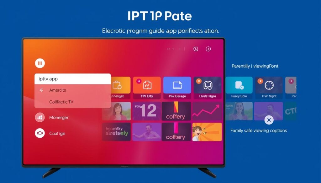 Generate an image of the IPTV Pro app interface highlighting its EPG support and parental control features.