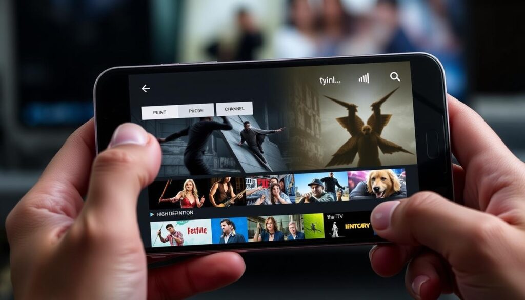 Generate an image of the SS IPTV app interface on an Android device, showcasing its user-friendly channel navigation and high-definition content streaming.