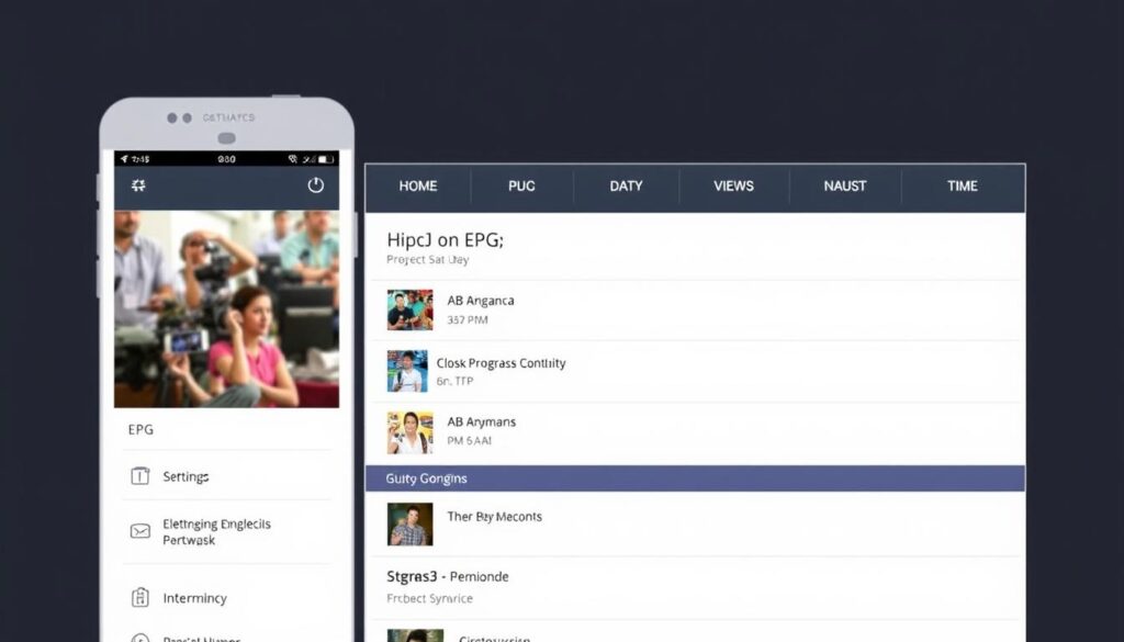 Generate an image of the SS IPTV app interface showing its EPG feature. Generate an image of the SS IPTV app interface showing its EPG feature.