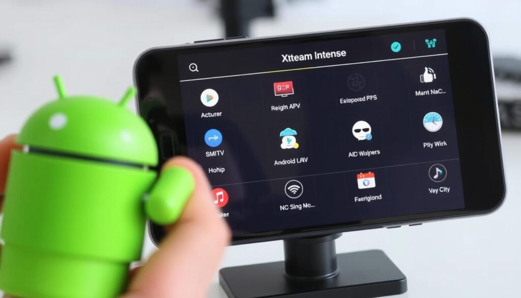 Generate an image of the Smart IPTV Xtream Player interface on an Android device, showcasing its user-friendly design and features.
