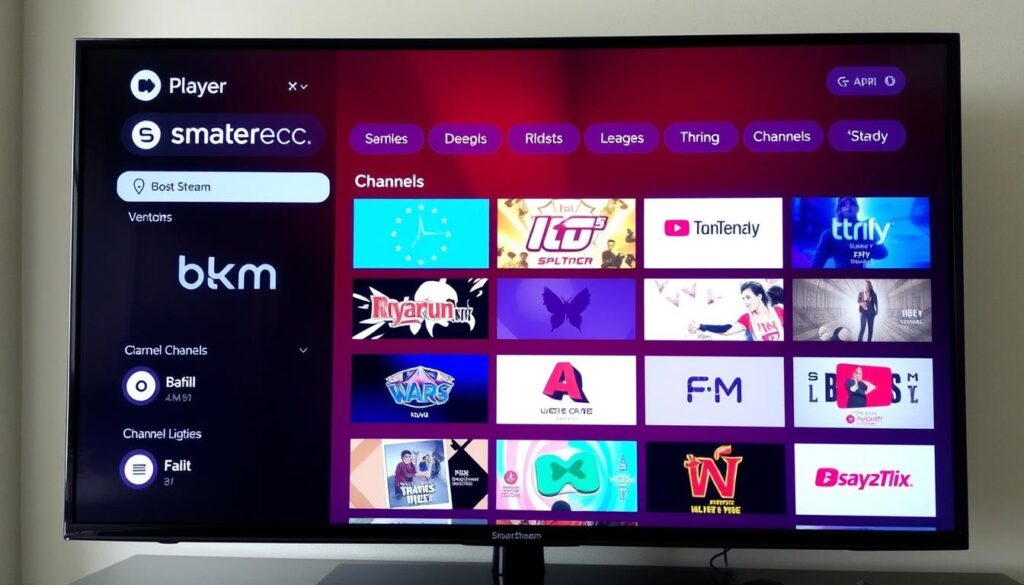 Generate an image of the SmartStream Player interface on a TV screen, showcasing its organized channel listing. Generate an image of the SmartStream Player interface on a TV screen, showcasing its organized channel listing.