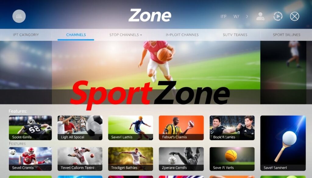 Generate an image of the SportZone IPTV app interface showing various sports channels. Generate an image of the SportZone IPTV app interface showing various sports channels.