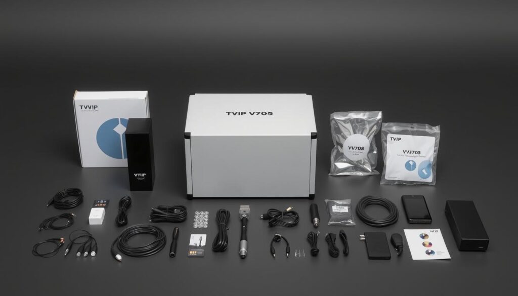 Generate an image of the TVIP V705 Box with its accessories.