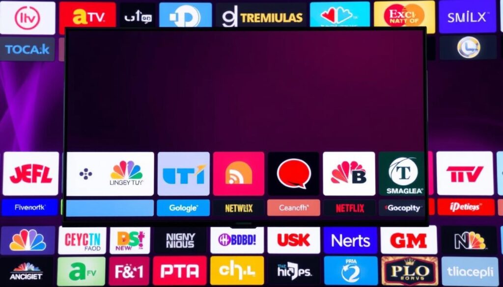 Generate an image of various IPTV channel logos on a screen