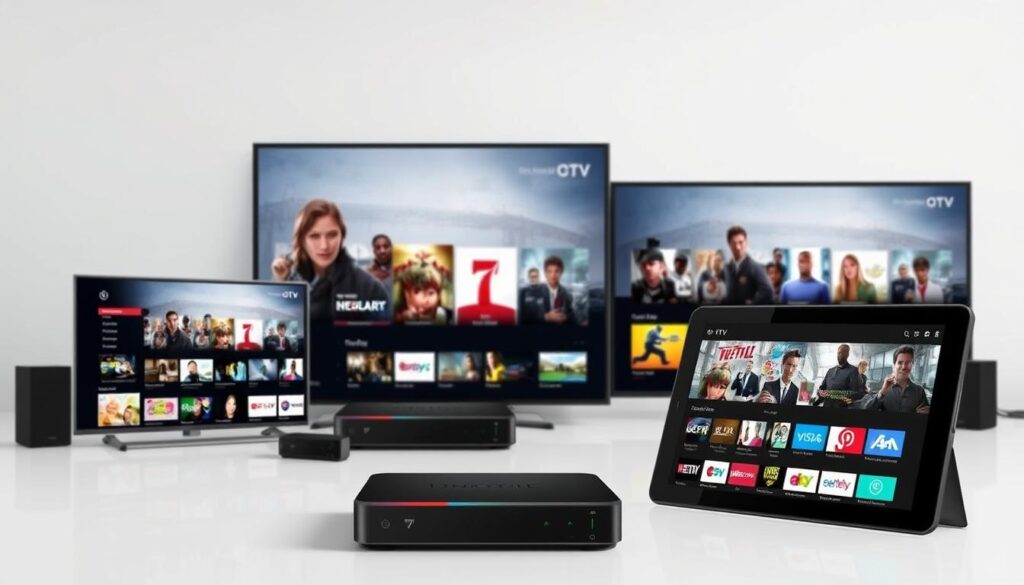 Generate an image of various IPTV devices and screens displaying different channels and content.