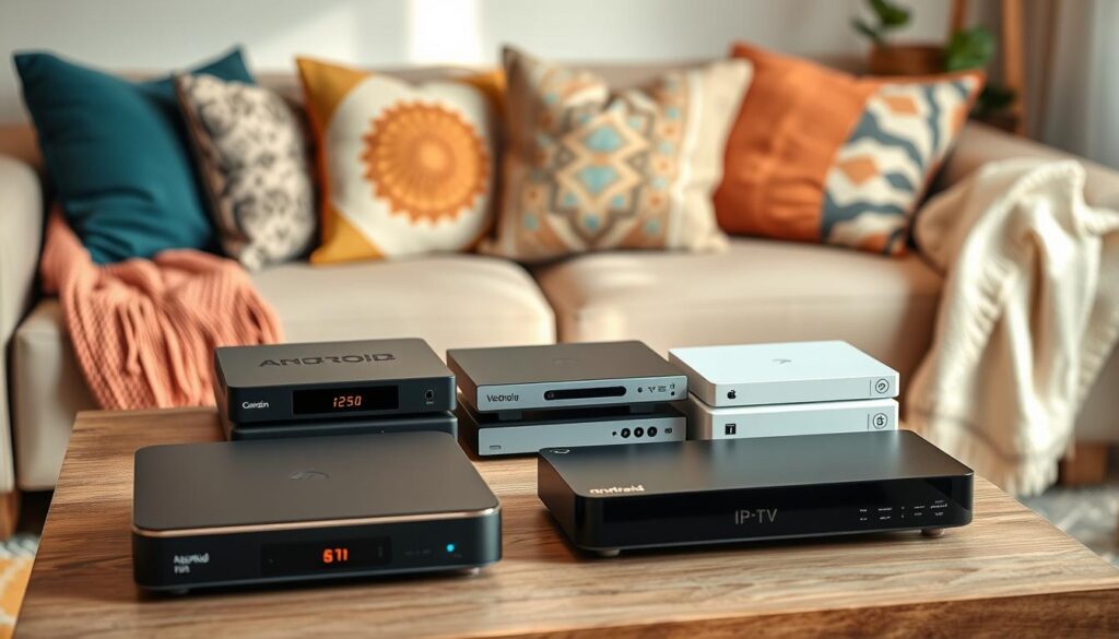 Generate an image of various IPTV devices, including set-top boxes and Android TV boxes, arranged on a coffee table in a living room.