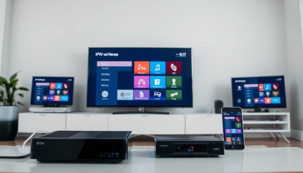 Generate an image of various devices (Smart TVs, smartphones, tablets, IPTV boxes) connected to IPTV Brampton Canada Generate an image of various devices (Smart TVs, smartphones, tablets, IPTV boxes) connected to IPTV Brampton Canada