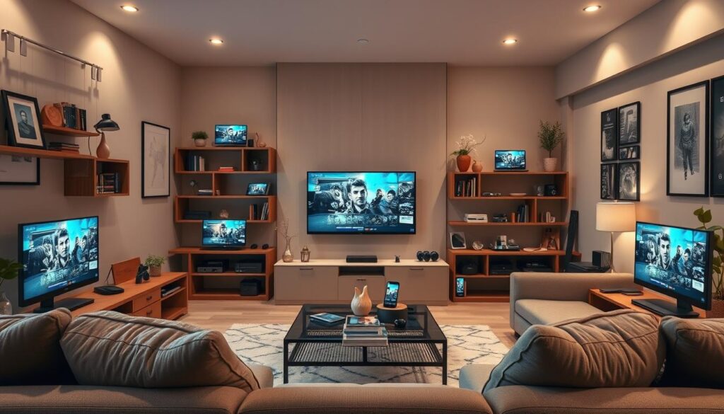 Generate an image of various devices like Smart TVs, smartphones, and computers all connected and streaming content simultaneously.