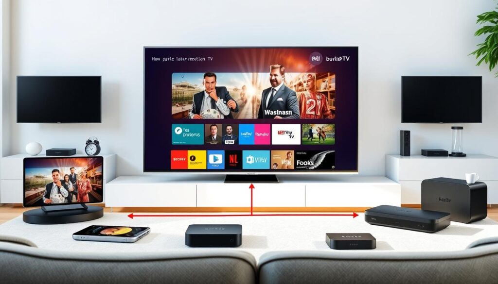 Generate an image of various devices like Smart TVs, smartphones, and streaming devices connected to a central IPTV service. Generate an image of various devices like Smart TVs, smartphones, and streaming devices connected to a central IPTV service.