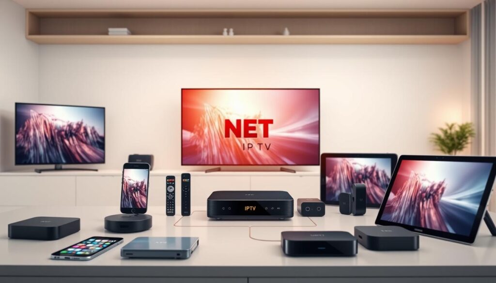 Generate an image of various devices (smart TVs, smartphones, tablets, and streaming devices) connected to a central hub labeled "NET IPTV."