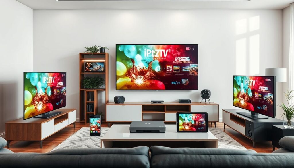 Generate an image of various devices (smart TVs, smartphones, tablets, computers) connected to IPTV services.
