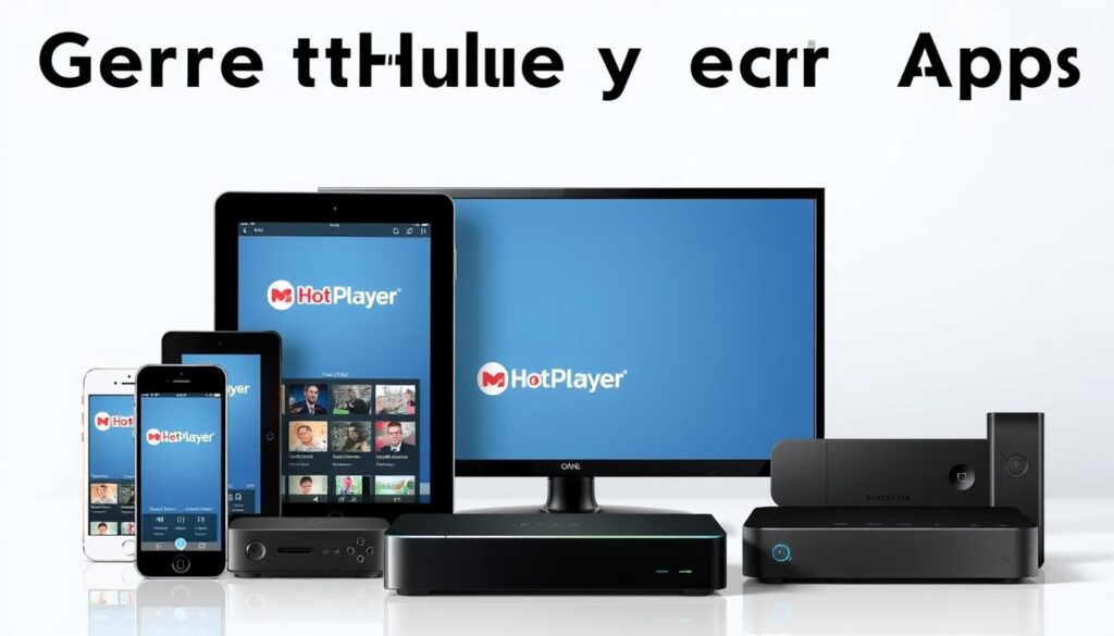 Generate an image of various devices (smartphones, tablets, smart TVs, streaming devices) with the Hot Player app open on their screens.
