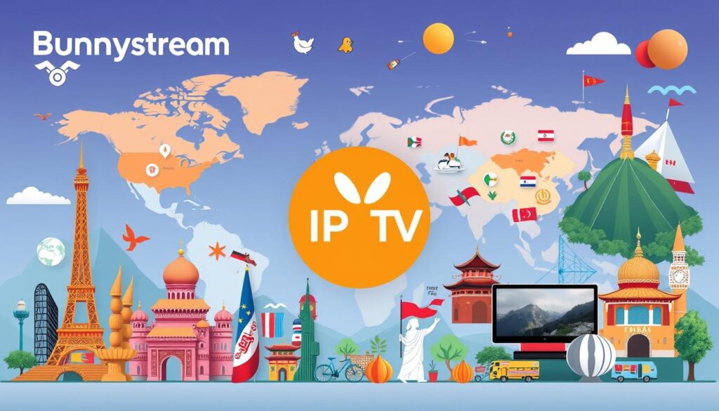 Generate an image representing Bunnystream's IPTV service with global content.