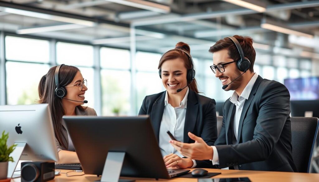 Generate an image representing IPTV Harmony's customer support team in action, with a user successfully resolving an issue.