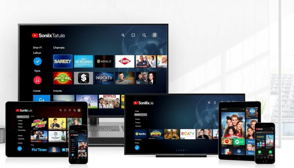 Generate an image representing Sonix IPTV service with a comprehensive channel lineup and user-friendly interface on various devices.