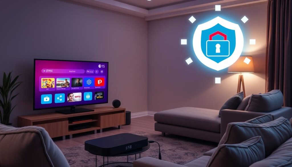 Generate an image representing a secure IPTV streaming setup with a VPN