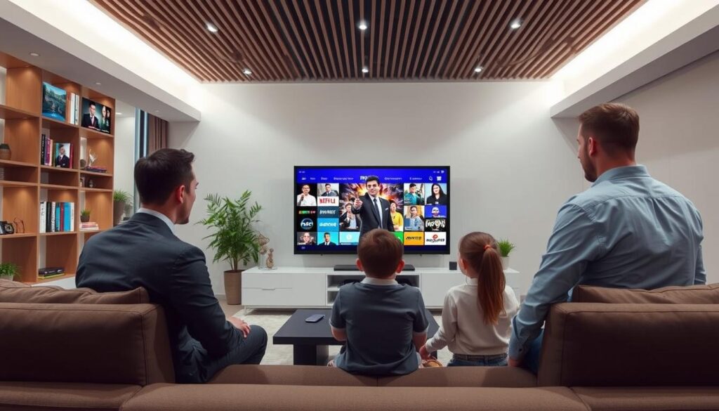 Generate an image representing the benefits of iptv fast services, including a variety of channels and on-demand content.