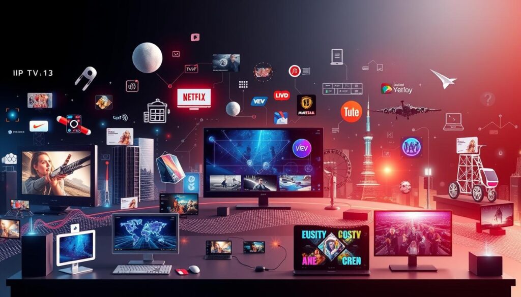 Generate an image representing the diverse IPTV landscape in 2023.