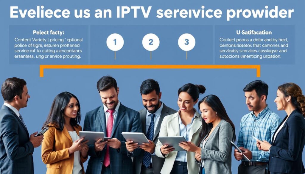Generate an image representing the selection of an IPTV service provider, highlighting factors like content variety and pricing