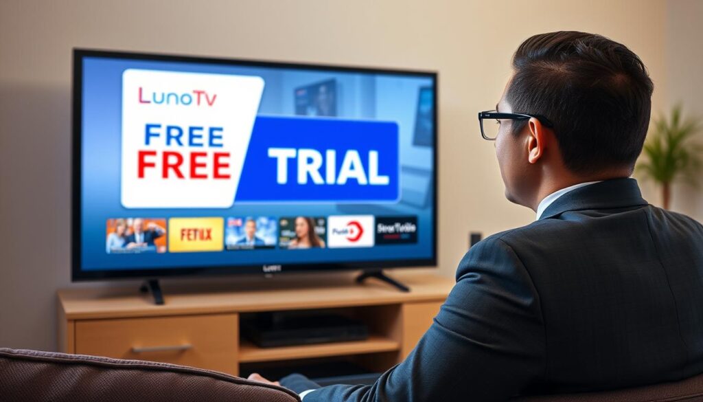 Generate an image showing a person enjoying LunoTV IPTV on their TV, with a "Free Trial" banner. Generate an image showing a person enjoying LunoTV IPTV on their TV, with a "Free Trial" banner.
