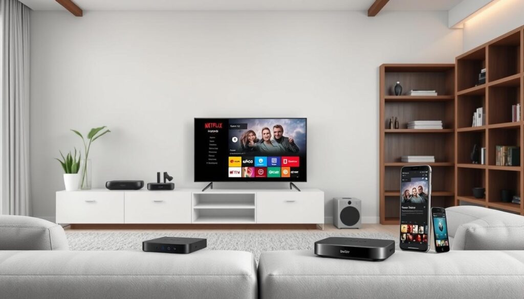 Generate an image showing various devices compatible with IPTV services, such as smart TVs, streaming devices, and mobile devices