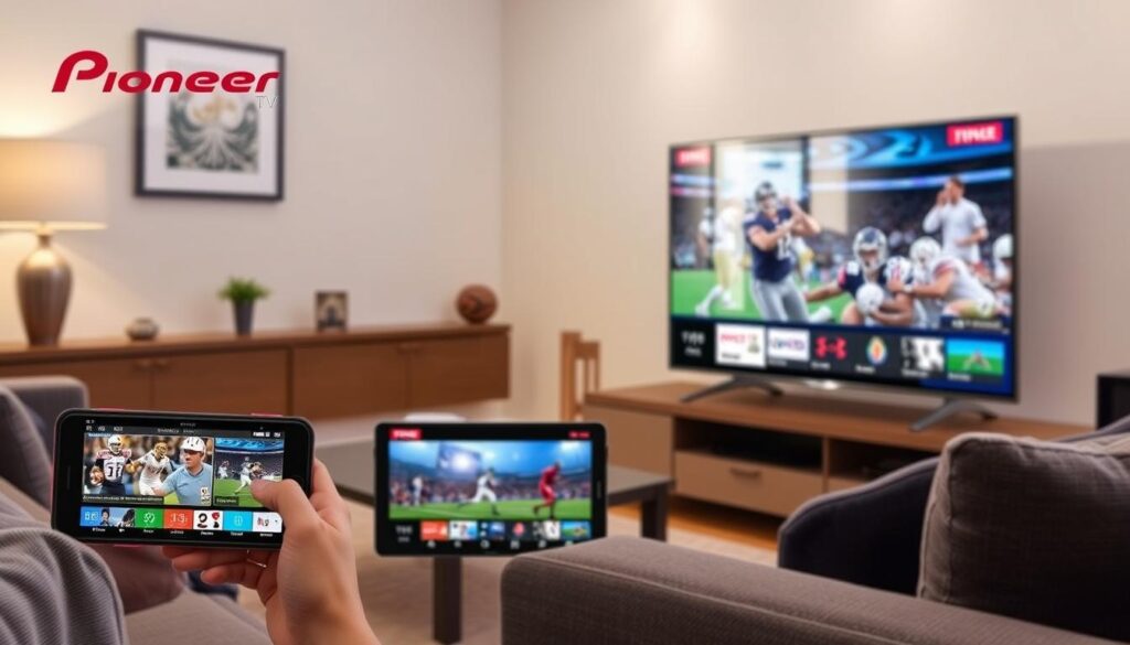 Image of Pioneer TV's sports channel lineup on various devices