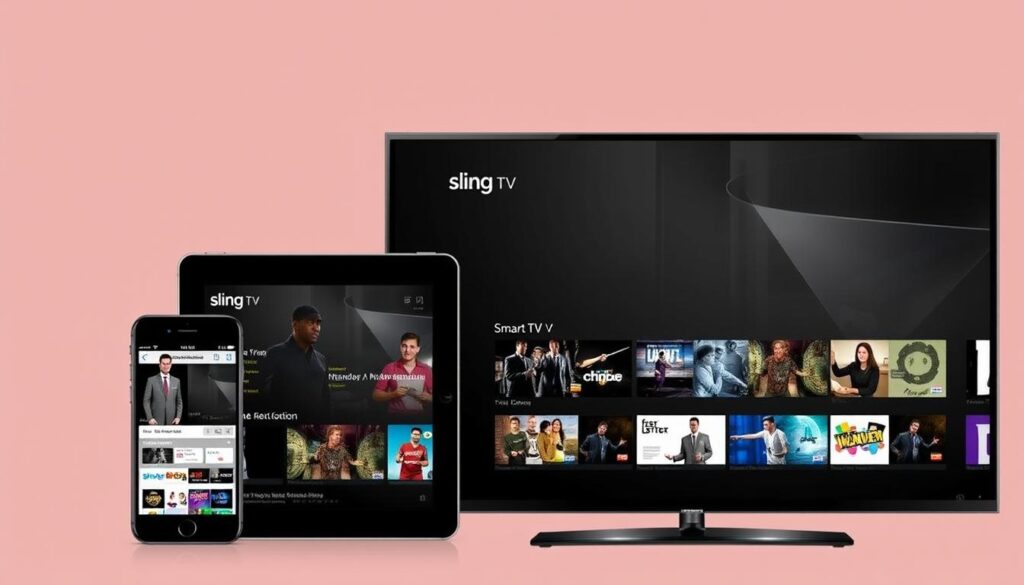 Image of Sling TV interface on multiple devices