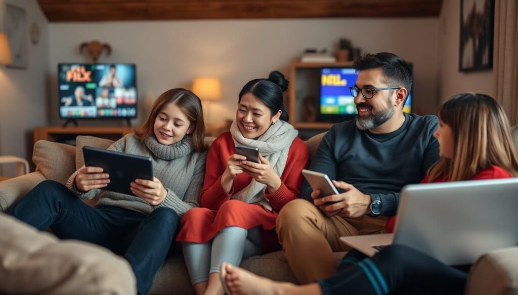Image of a family watching different channels on multiple devices Image of a family watching different channels on multiple devices