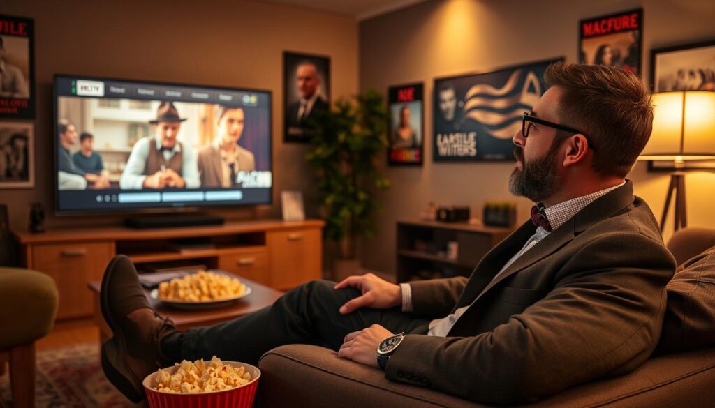 Image of a movie enthusiast watching a classic film on IPTV