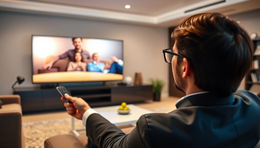 Image of a person enjoying their favorite show on a smart TV with a sleek remote control Image of a person enjoying their favorite show on a smart TV with a sleek remote control