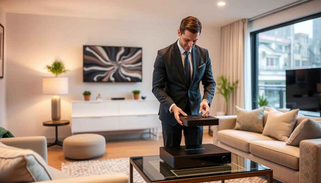 Image of a person setting up an IPTV box in a Vancouver living room
