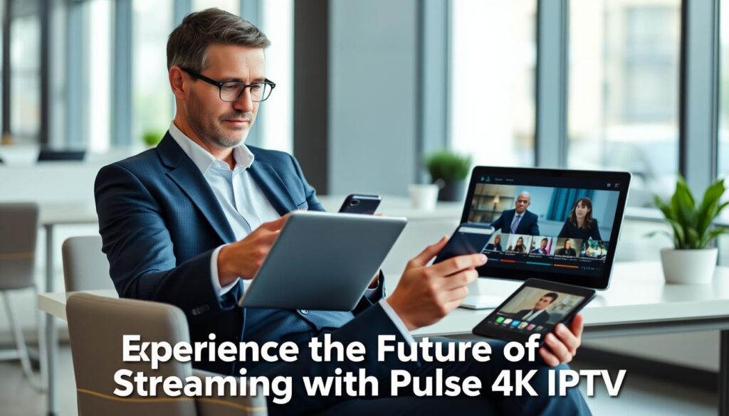 Image of a person streaming content on multiple devices with a caption: "Test drive Pulse 4K IPTV"